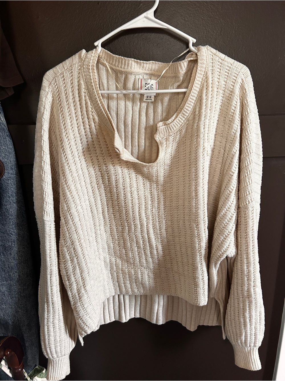 BDG Cream Ribbed Scoop-Neck Knit Sweater